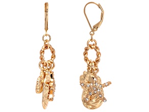 White Crystal Gold Tone Seashell Charm Earrings