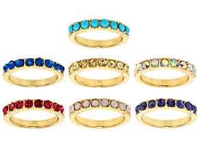 Multi-Color Crystal Gold Tone Set of 7 Rings