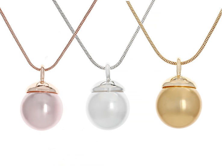 15mm Multi-Color Pearl Simulant Tri-Tone Set of 3 Snake Chain Necklace