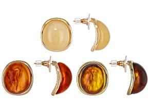 Multi-Color Resin Gold Tone Set of 3 Stud Earrings