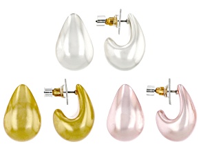 Multi-Color Pearl Simulant Gold Tone Sculpted Teardrop Earring Set of 3