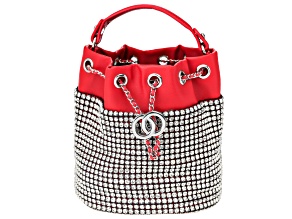 White Crystal Silver Tone Red Drawstring Bucket Bag