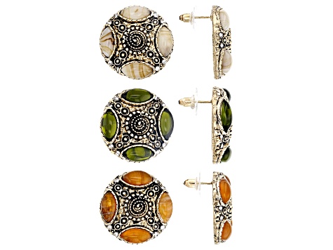 White, Olive, & Tan Resin Gold Tone Earring Set of 3