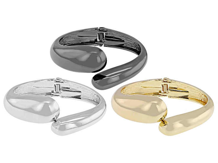Gold, Silver, & Hematine Tone Teardrop Bypass Cuff Bracelet Set of 3
