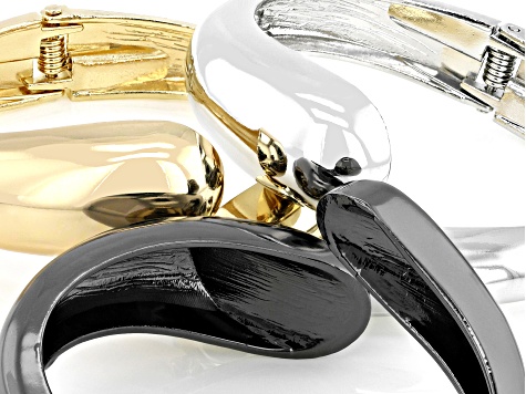 Gold, Silver, & Hematine Tone Teardrop Bypass Cuff Bracelet Set of 3