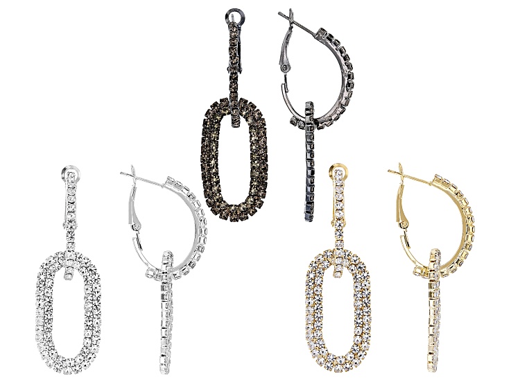 White Crystal Gold, Silver, & Hematite Tone Link Earring Set