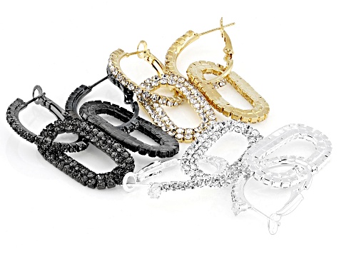 White Crystal Gold, Silver, & Hematite Tone Link Earring Set