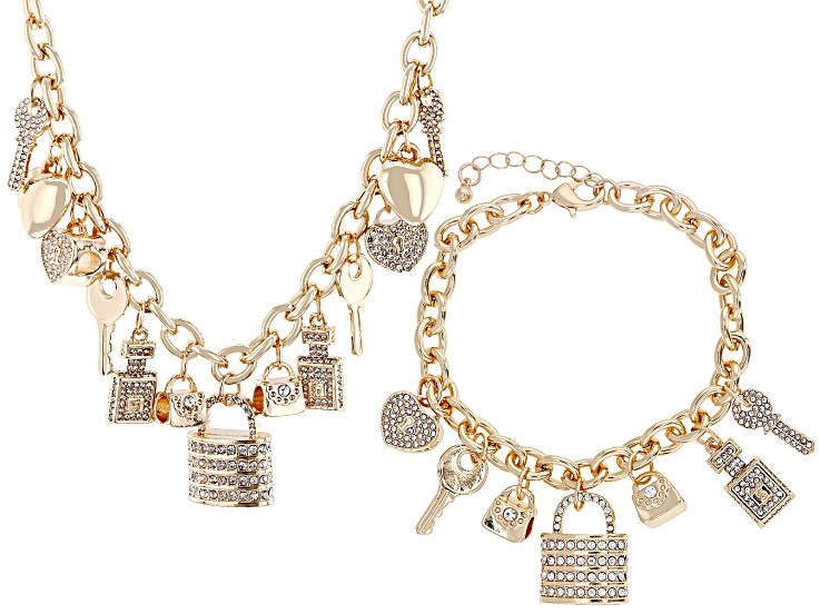 White Crystal Gold Tone Locket Charm Necklace & Bracelet Set