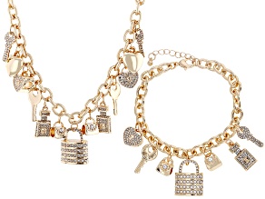 White Crystal Gold Tone Locket Charm Necklace & Bracelet Set