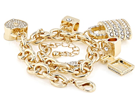 White Crystal Gold Tone Locket Charm Necklace & Bracelet Set
