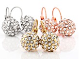 White Crystal Gold Tone, Silver Tone, And Rose Tone Dangle Earring Set Of 3