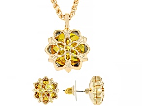 Citrine Color Glass Gold Tone Floral Pendant & Earring Set