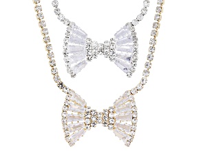 Cubic Zirconia & White Crystal Gold & Silver Tone Set of 2 Bow Necklaces