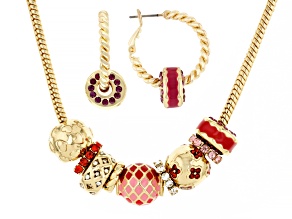 Multi-Color Crystal & Enamel Gold Tone Slide Charm Necklace and Earring Set
