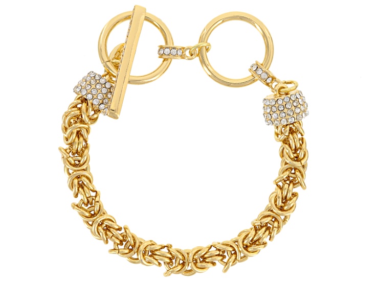 White Crystal Gold Tone 8mm Byzantine Link Bracelet