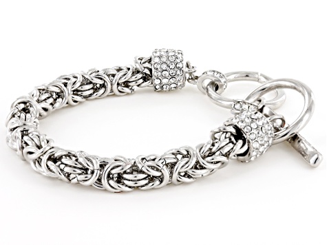 White Crystal Silver Tone Byzantine Link Bracelet