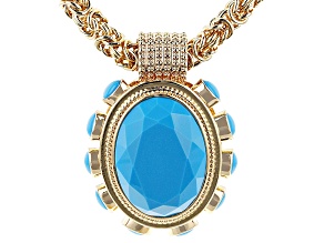 Turquoise Simulant & Crystal Gold Tone Enhancer Pendant With 32" Byzantine Chain, 40x30mm