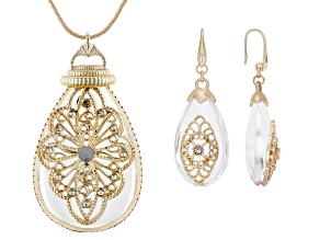 Lucite & White Crystal Gold Tone Necklace & Earring Set