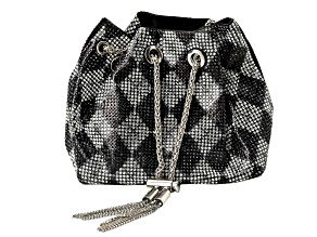 Black & White Crystal Silver Tone Drawstring Bucket Bag