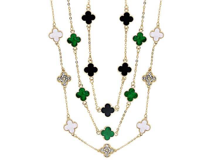 Multi-Color Resin & Crystal Gold Tone Modern Clover Necklaces Set