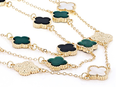 Multi-Color Resin & Crystal Gold Tone Modern Clover Necklaces Set