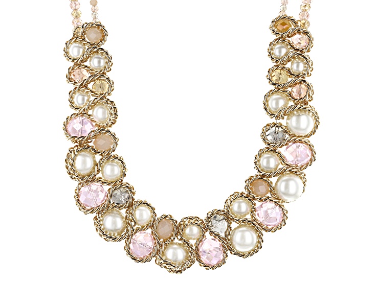 Pearl Simulant & Pink Crystal Gold Tone Statement Necklace