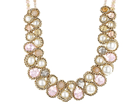 Pearl Simulant & Pink Crystal Gold Tone Statement Necklace