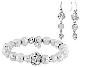 White Crystal Silver Tone Stretch Bracelet & Earring Set