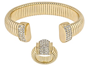 White Crystal Gold Tone Tubogas Style Cuff Bracelet & Ring Set