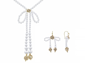 Pearl Simulant & Crystal Gold Tone Bow Necklace & Earring Set