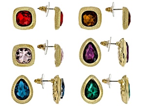 Multi-Color Crystal Gold Tone Set of 6 Earrings, 14x10mm, 10mm