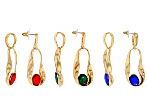 Red, Green, Blue Crystal Gold Tone Dangle Earrings Set of 3, 14x10mm