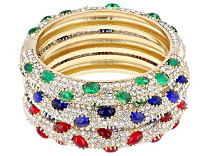 Red, Blue, & Green Crystal Gold Tone Set of 3 Bangle Bracelets