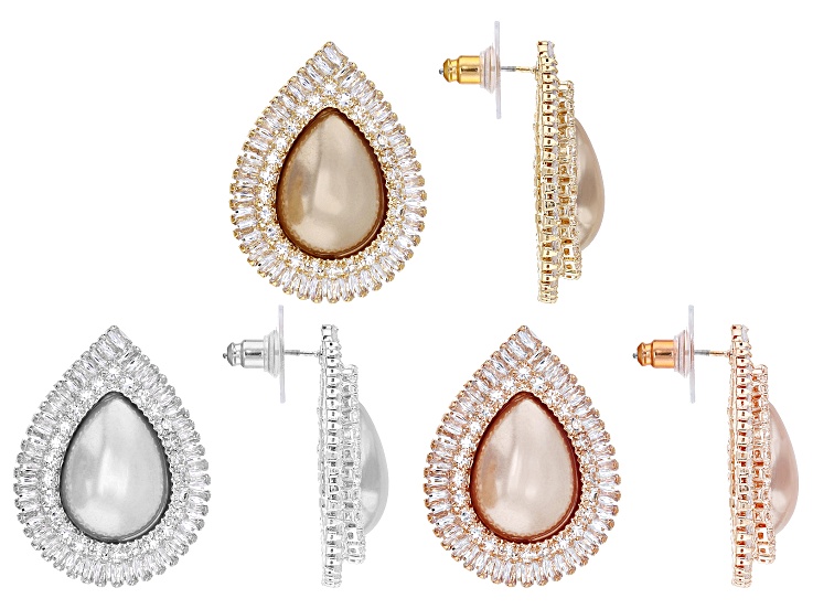 Multi-Color Pearl Simulant Tri-Tone Set of 3 Earrings, 18x13mm