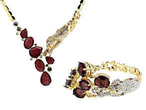Multi-Crystal Gold Tone Jaguar Statement Necklace & Bracelet Set