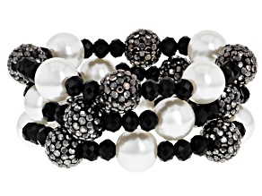White & Black Crystal & Pearl Simulant Stretch Bracelets Set of 3