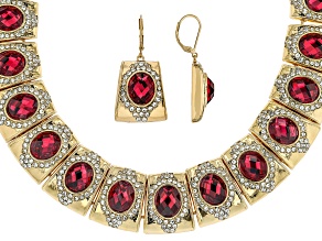 Red & White Crystal Gold Tone Statement Necklace & Earring Set