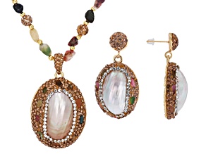 Pearl Simulant, Multi-Color Crystal Gold Tone Beaded Necklace & Earring Set, 28x17mm