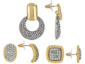 White Crystal Two-Tone Earrings Set of 3