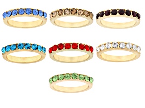 Multi-Color Crystal Gold Tone Set of 7 Rings, 3mm