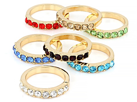 Multi-Color Crystal Gold Tone Set of 7 Rings, 3mm
