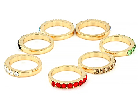 Multi-Color Crystal Gold Tone Set of 7 Rings, 3mm