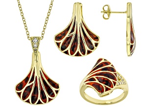 Cubic Zirconia & Tortoise Shell Color Enamel Gold Tone "Fan" Jewelry Set