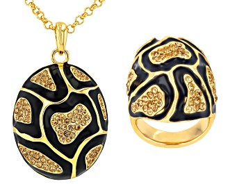 Picture of Champagne Crystal & Black Enamel Gold Tone Giraffe Patterned Ring & Pendant Set