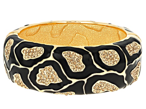 Champagne Crystal, Black Enamel Gold Tone Giraffe Patterned Bangle Bracelet