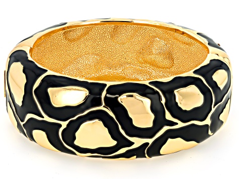Champagne Crystal, Black Enamel Gold Tone Giraffe Patterned Bangle Bracelet