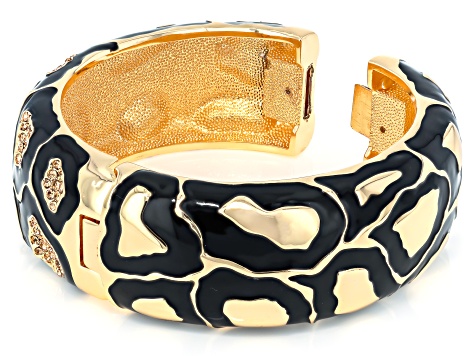 Champagne Crystal, Black Enamel Gold Tone Giraffe Patterned Bangle Bracelet
