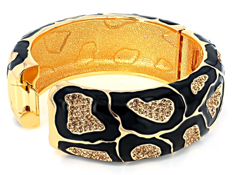 Champagne Crystal, Black Enamel Gold Tone Giraffe Patterned Bangle Bracelet