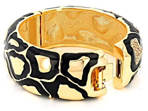 Champagne Crystal, Black Enamel Gold Tone Giraffe Patterned Bangle Bracelet