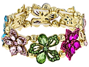 Multicolor Crystal Gold Tone Floral Statement Bracelet